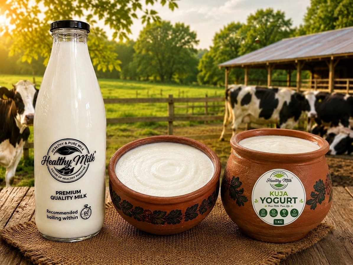 Healthy Milk bottle, a bowl of yogurt and a kuja of dahi on a farm table