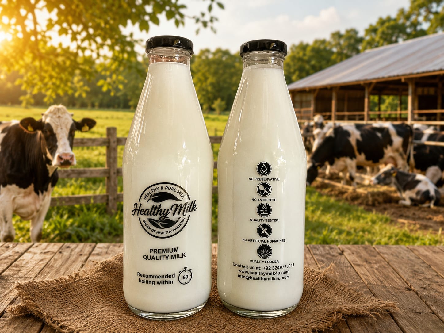 Two bottles of Healthy Milk premium quality milk in front of the farm herd