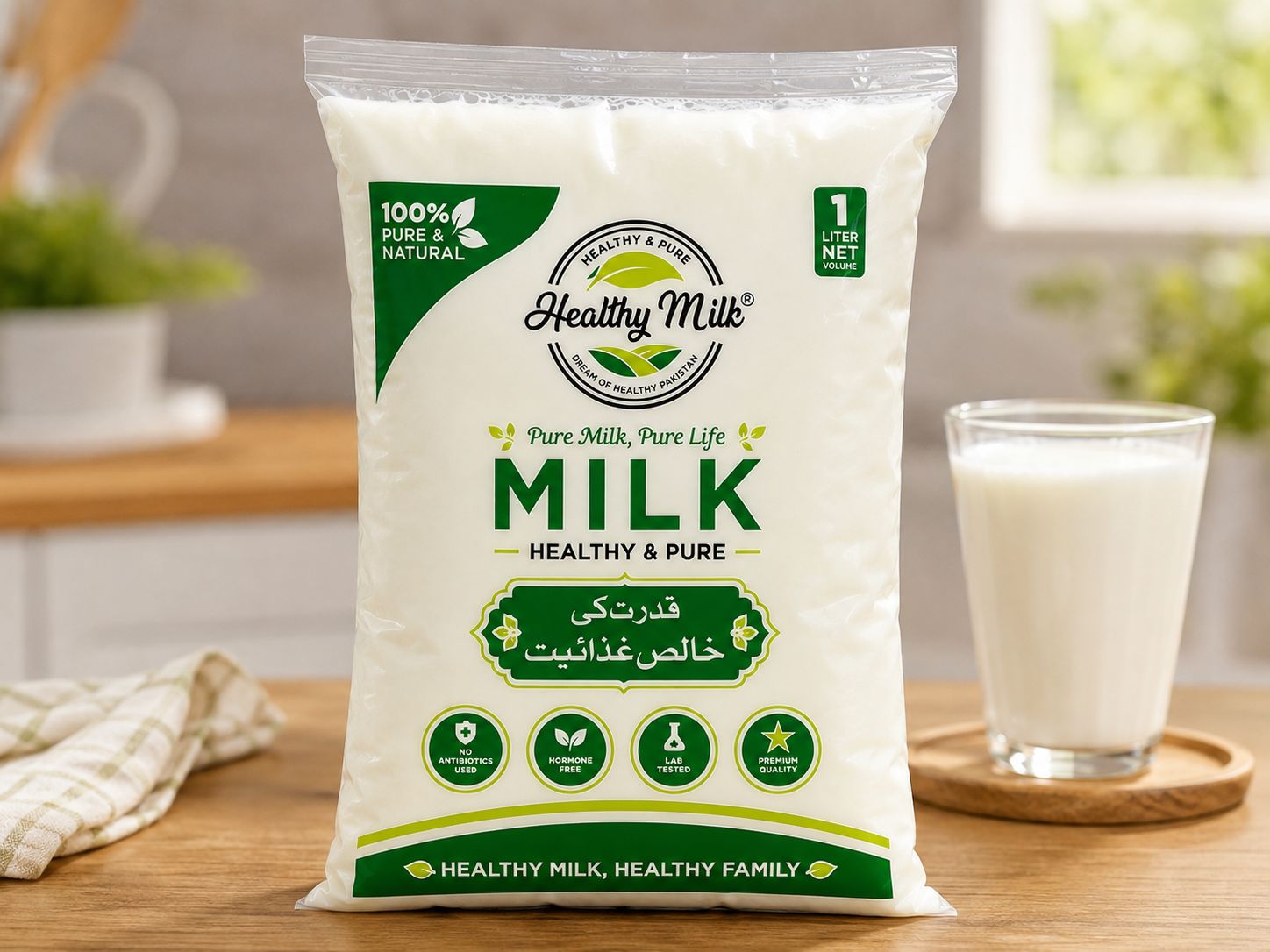 Healthy Milk one litre pouch, front and back